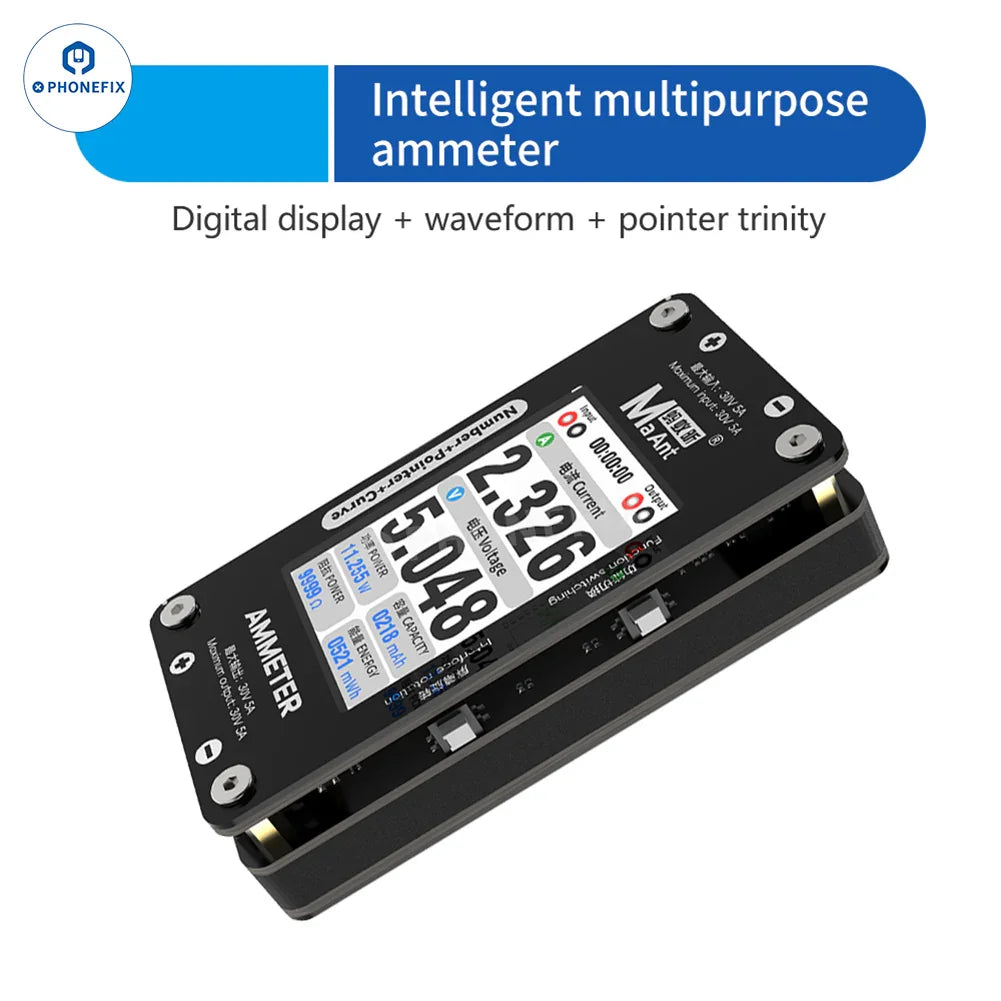 Phonefix MaAnt DL-02 digital multimeter with intelligent ammeter, 30V 5A, curve display, and numeric pointer for precise readings.