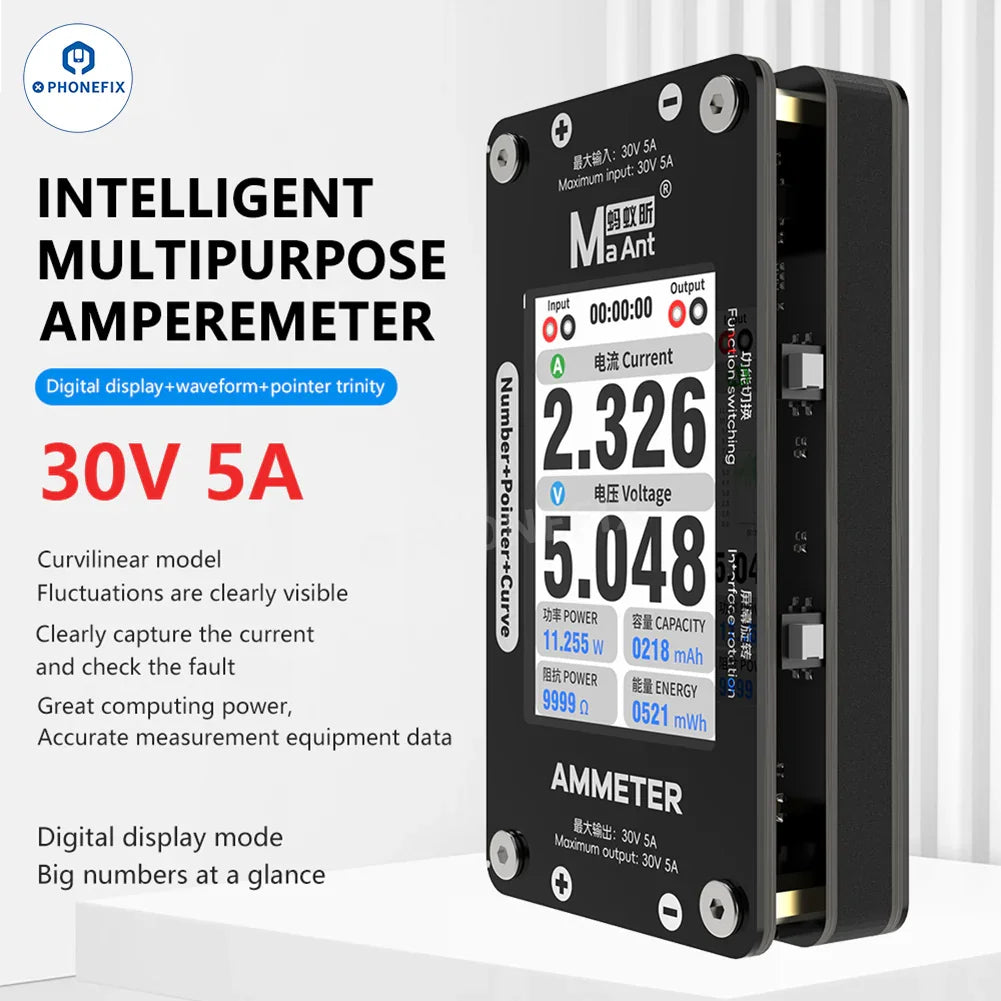 Digital multimeter by PHONEFIX, MaAnt DL-02 intelligent ammeter displaying 30V 5A with curved dial and numeric pointer readout