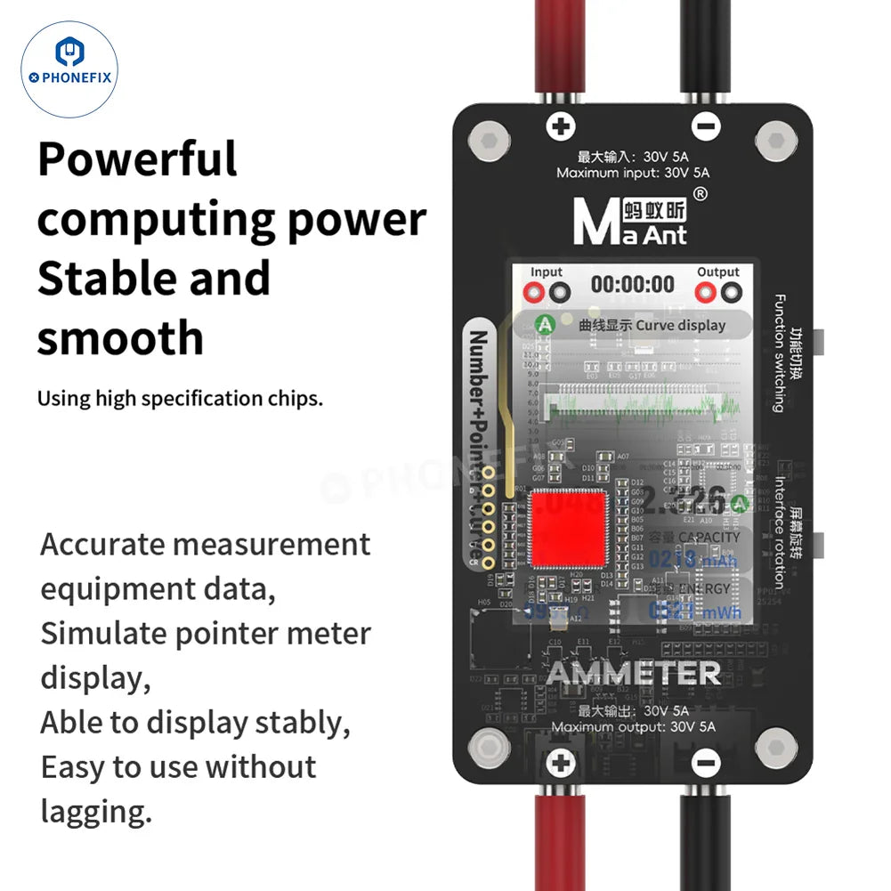 PHONEFIX MaAnt DL-02 digital multimeter showing 30V 5A amperage, with a curve display and numeric pointer for precise readings.