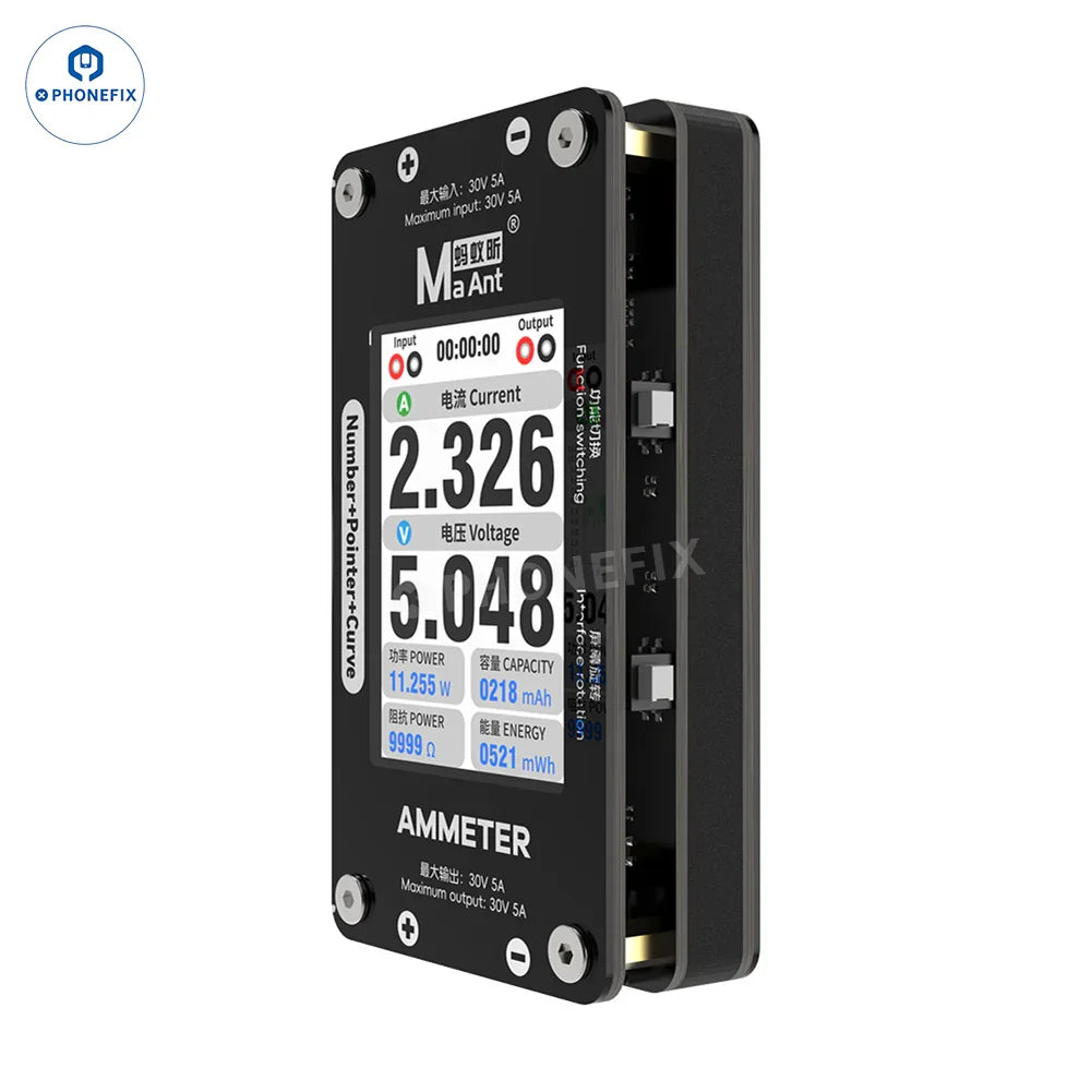 Phonefix MaAnt DL-02 digital multimeter showing intelligent ammeter with 30V 5A range, curve display, and analog-style pointer.