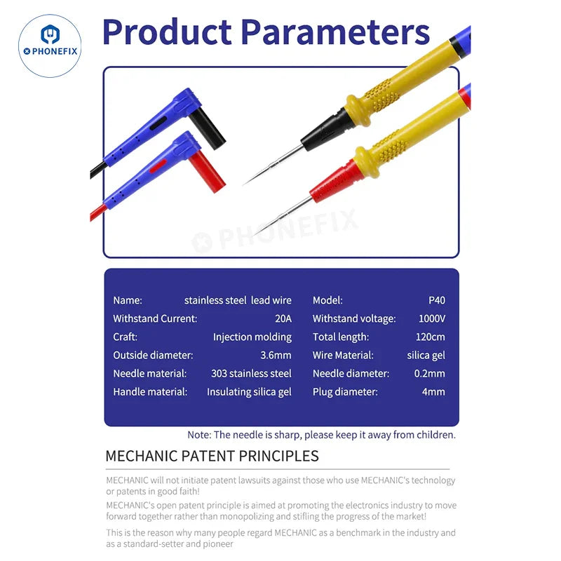 PhoneFix stainless steel mechanic P40 P30 digital multimeter test probe pen for 1000V, 20A electrical testing.
