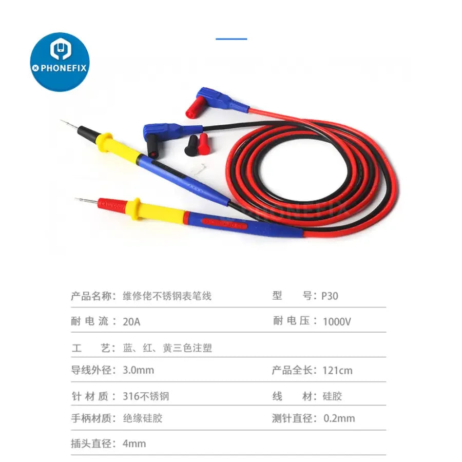 Digital multimeter by PHONEFIX with max current pressure test cable, featuring sharp probes for precise electrical testing.