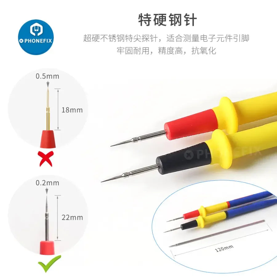 Digital multimeter by PHONEFIX with max current pressure test cable, featuring extra sharp probes for precise electrical measurements.