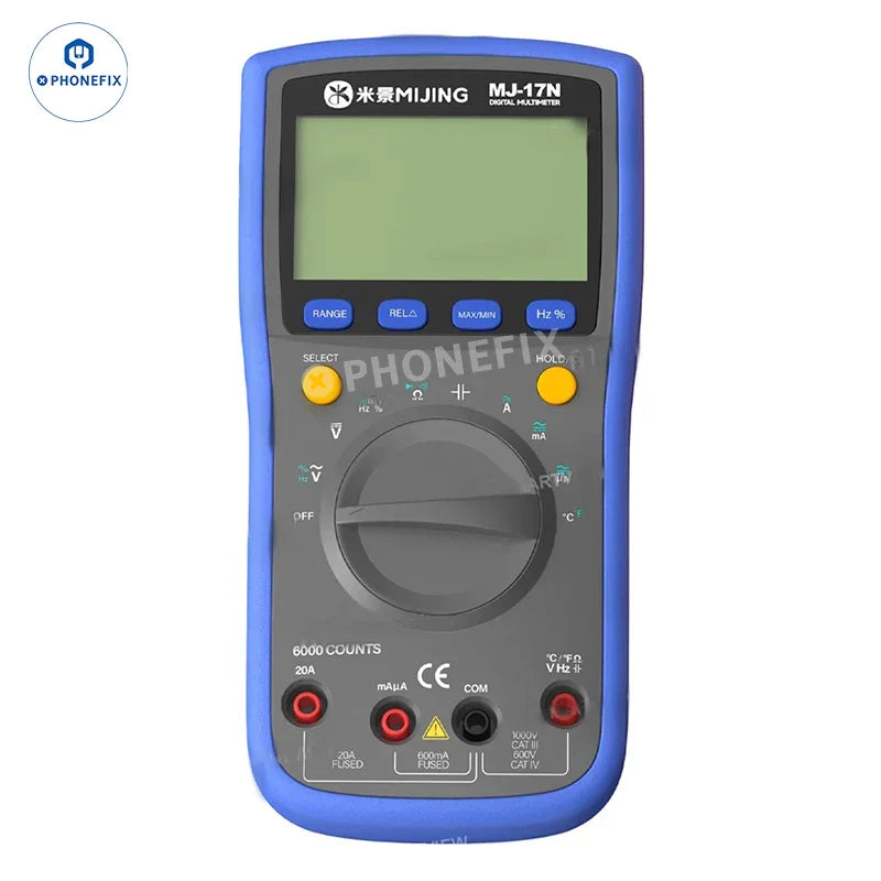 PHONEFIX MIJING MJ-17N digital multimeter showing a colorful display with voltage and current readings.