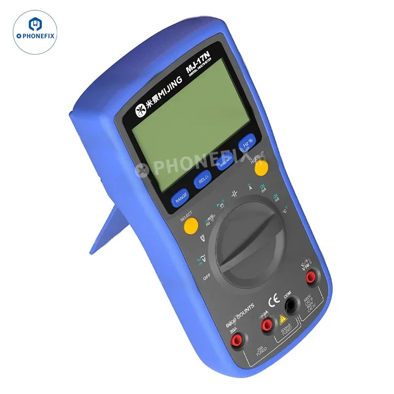 PHONEFIX MIJING MJ-17N digital multimeter displaying voltage and current readings with LCD screen and test probes.