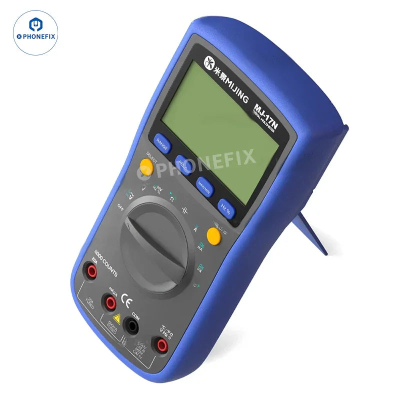 Digital multimeter by PHONEFIX, MIJING MJ-17N model, showing a close-up of the device with digital display and measurement probes.