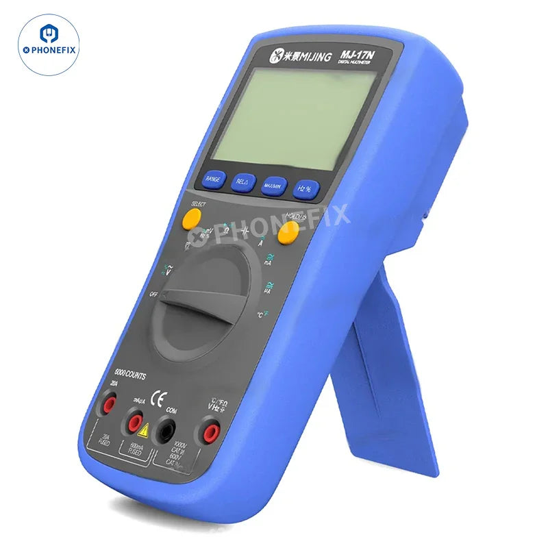 PhoneFix MIJING MJ-17N digital multimeter showing voltage and current settings with LCD display and test leads.
