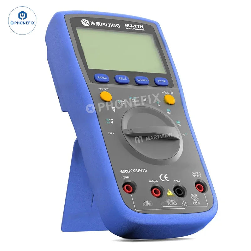 PHONEFIX MIJING MJ-17N digital multimeter displaying voltage and current readings on its LCD screen.