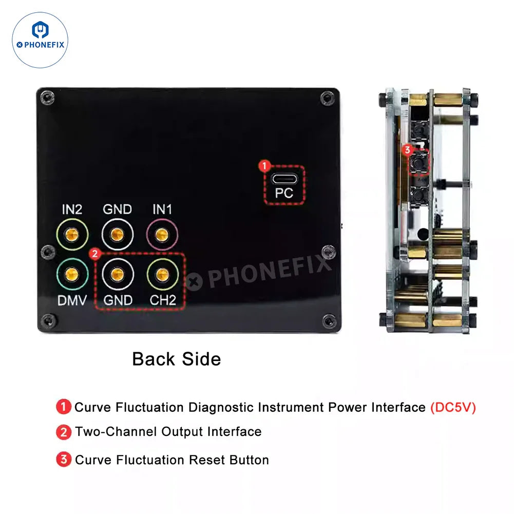 Phonefix YCS QIANLI LT2 digital multimeter showing DC power supply voltage and current readings on a clear LCD display.
