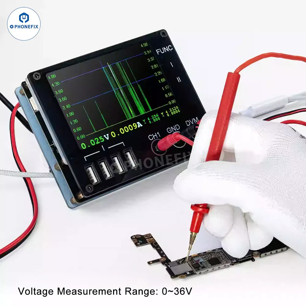 Phonefix YCS QIANLI LT2 digital multimeter with display and curve ammeter for diagnosing DC power supply issues.