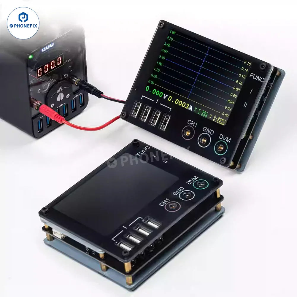 Digital multimeter by PHONEFIX, YCS QIANLI LT2 DC power supply diagnosis meter with curve ammeter display.