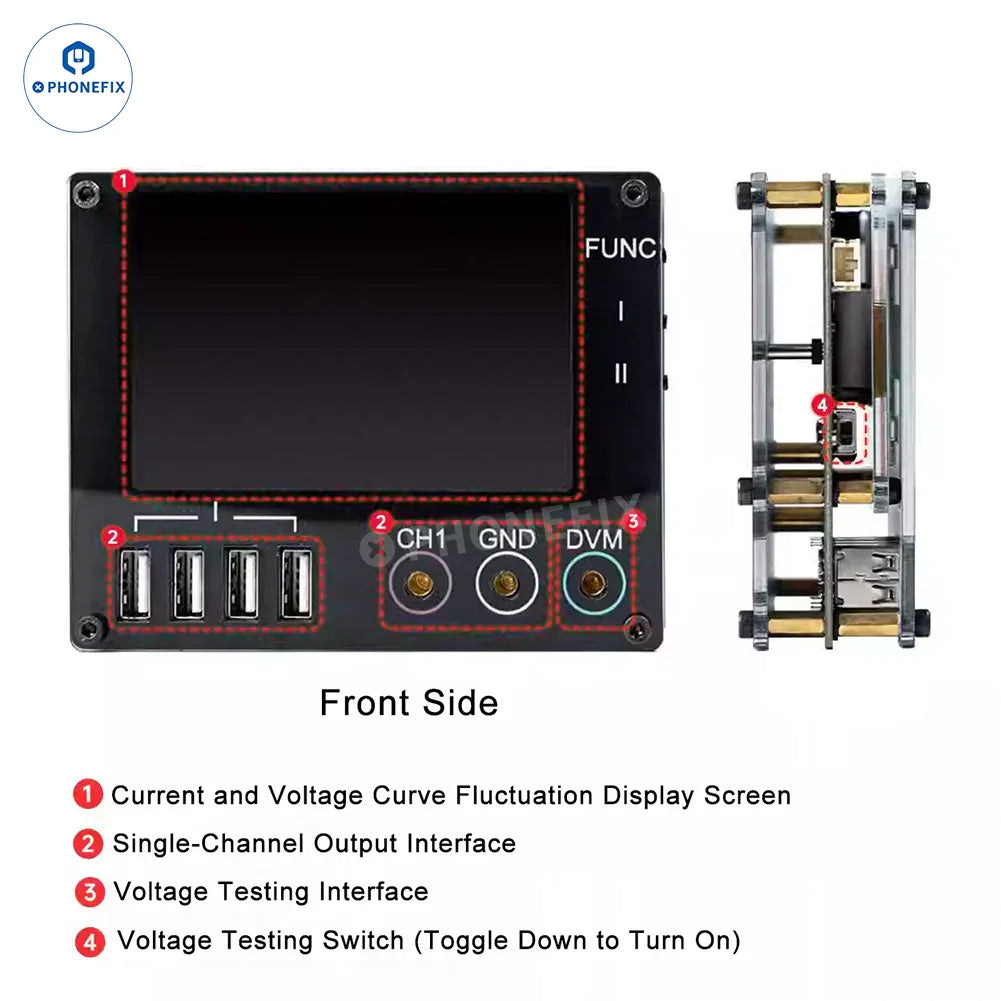 PhoneFix YCS QIANLI LT2 digital multimeter displaying DC power supply voltage and current measurements on its screen.
