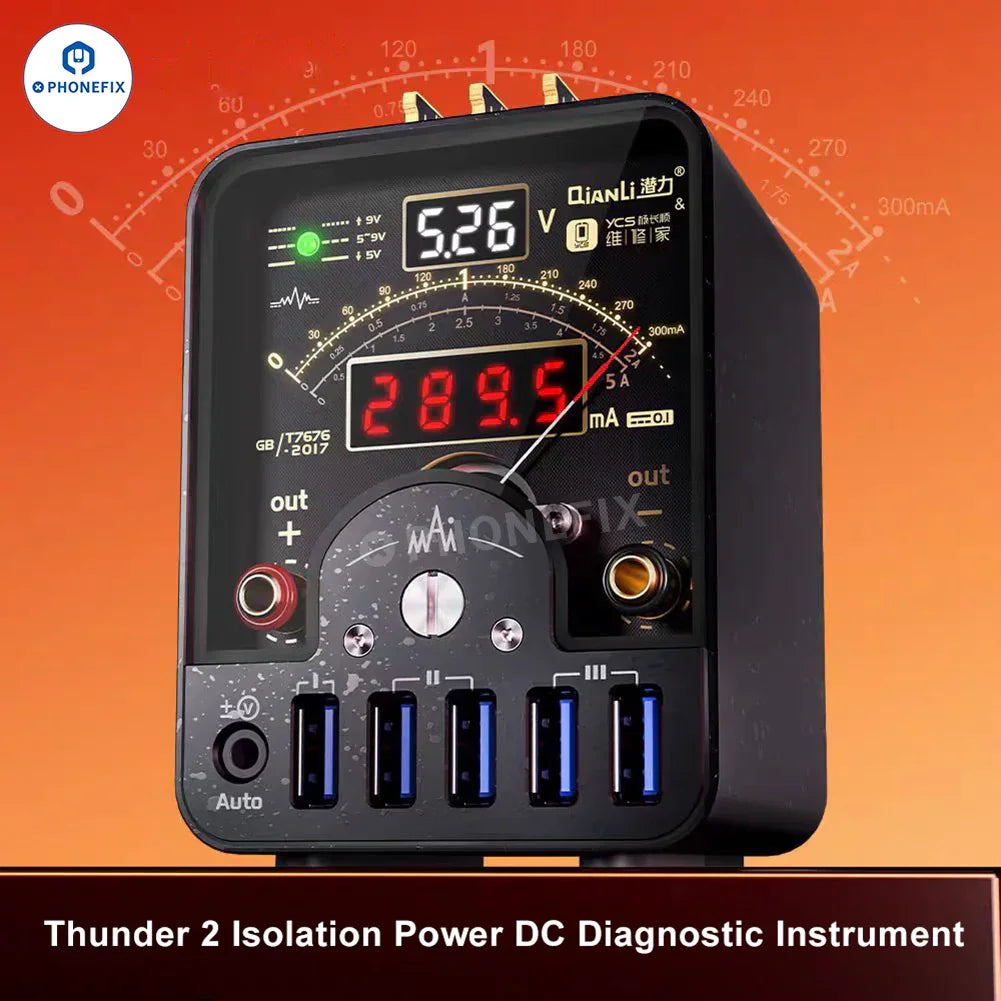 Digital multimeter by PHONEFIX, YCS QIANLI LT2 DC power supply diagnosis meter with digital ammeter display and measurement curves.