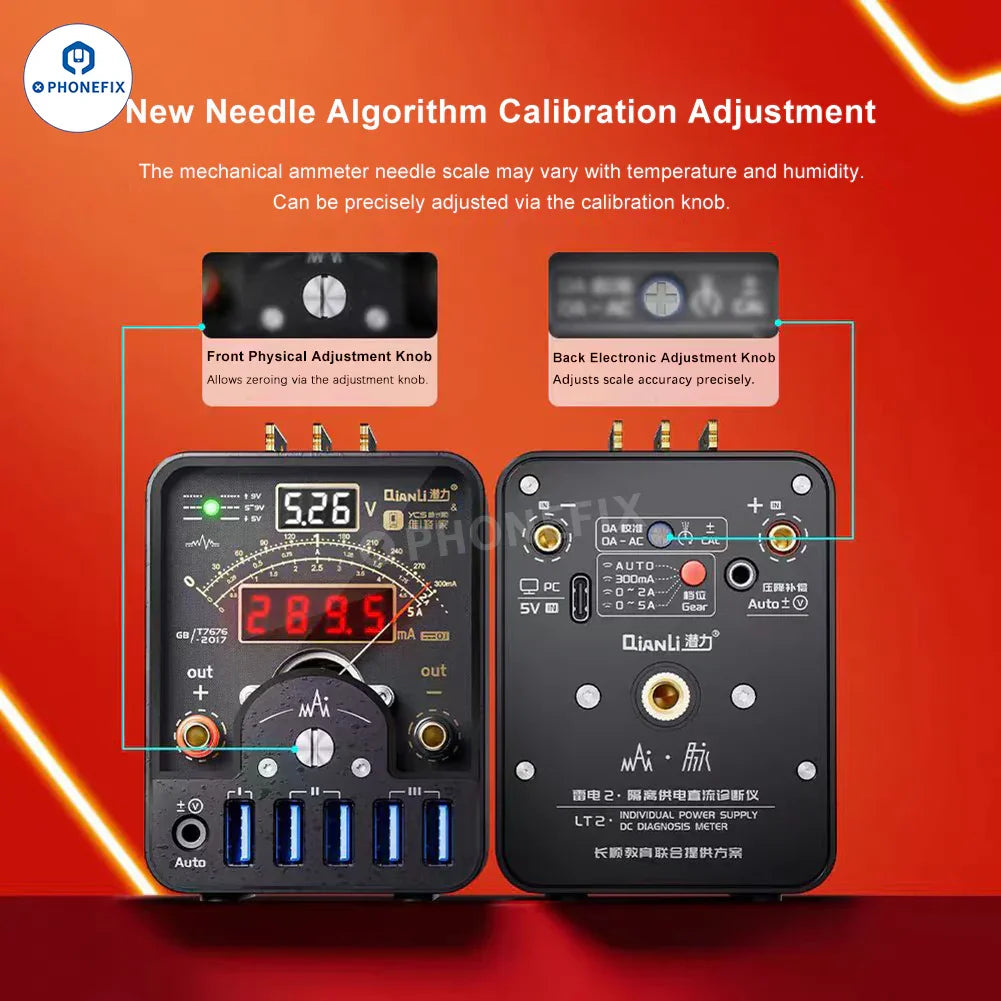 Digital multimeter from PHONEFIX, YCS QIANLI LT2 DC power supply diagnosis meter with digital curve ammeter display.