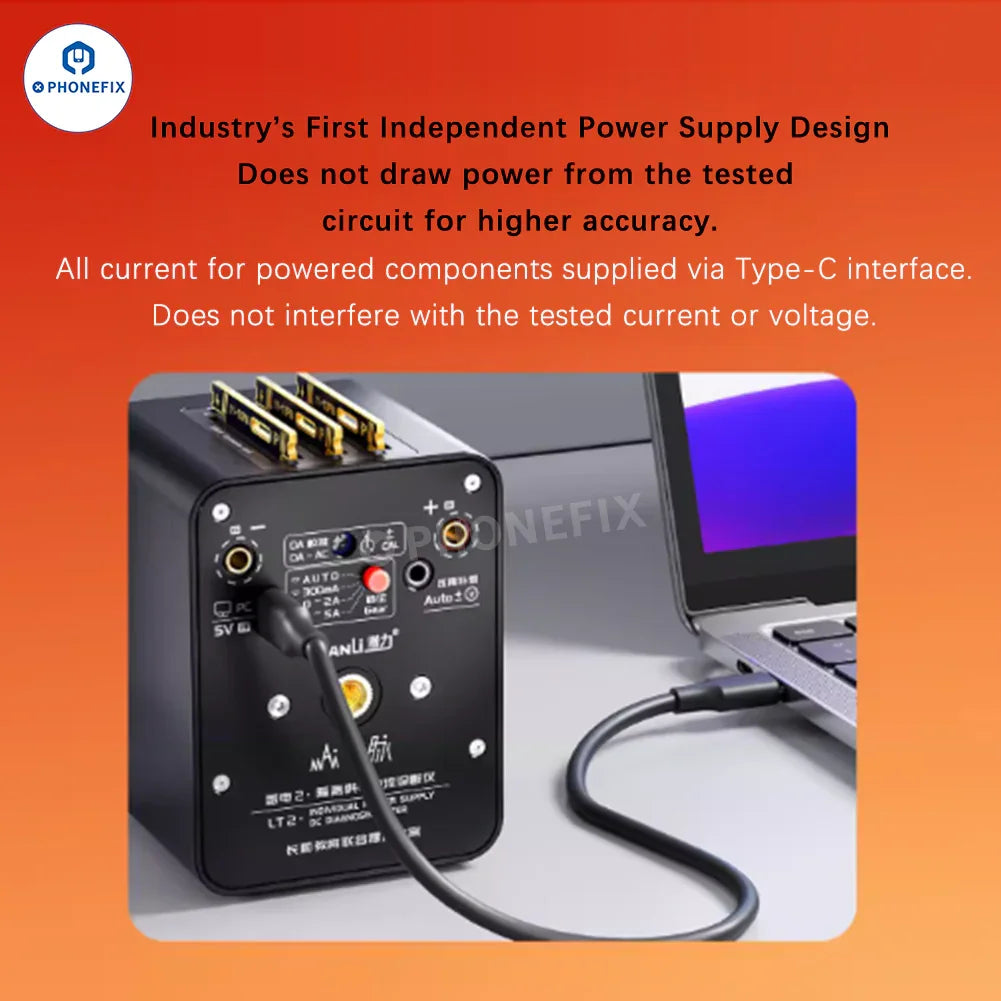 Digital multimeter by PHONEFIX measuring DC power supply voltage, current, and curve with display and probes for diagnosis.