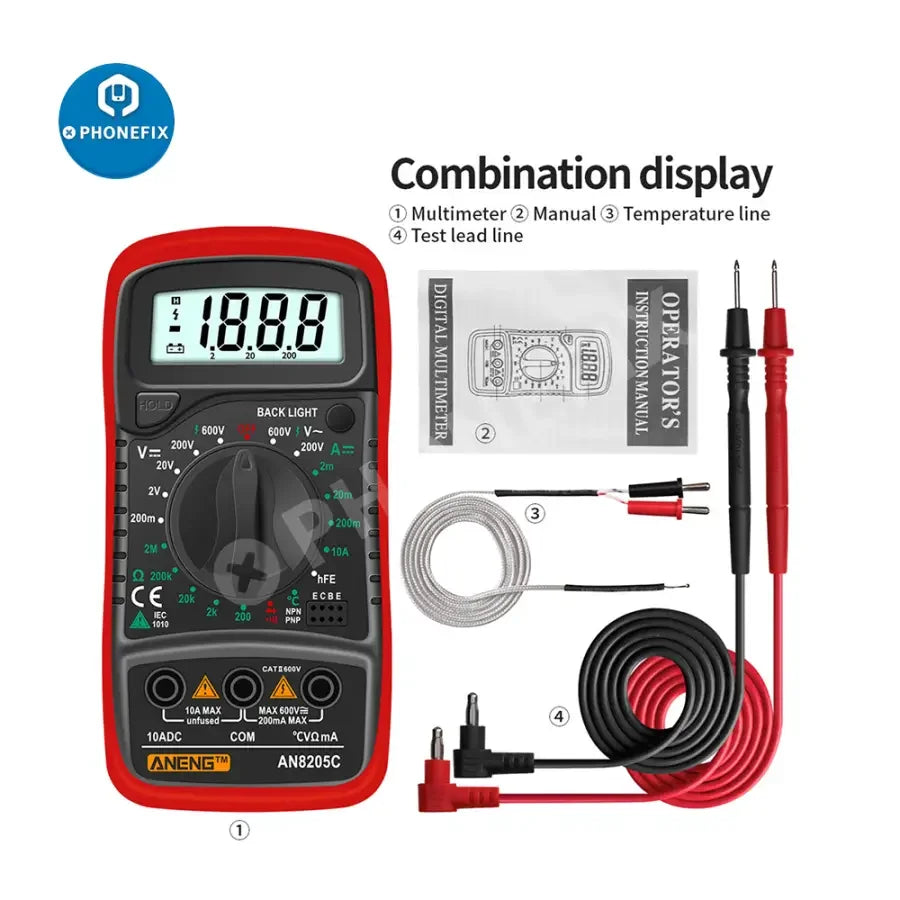 Phonefix AN8205C digital multimeter showing AC/DC voltage and DC current measurements with a digital display.