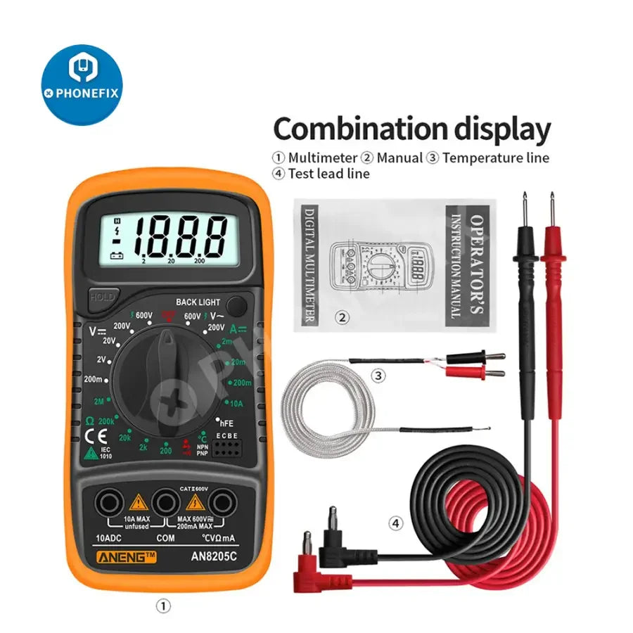Red PHONEFIX AN8205C digital multimeter displaying AC/DC voltage and DC current measurement on its screen.
