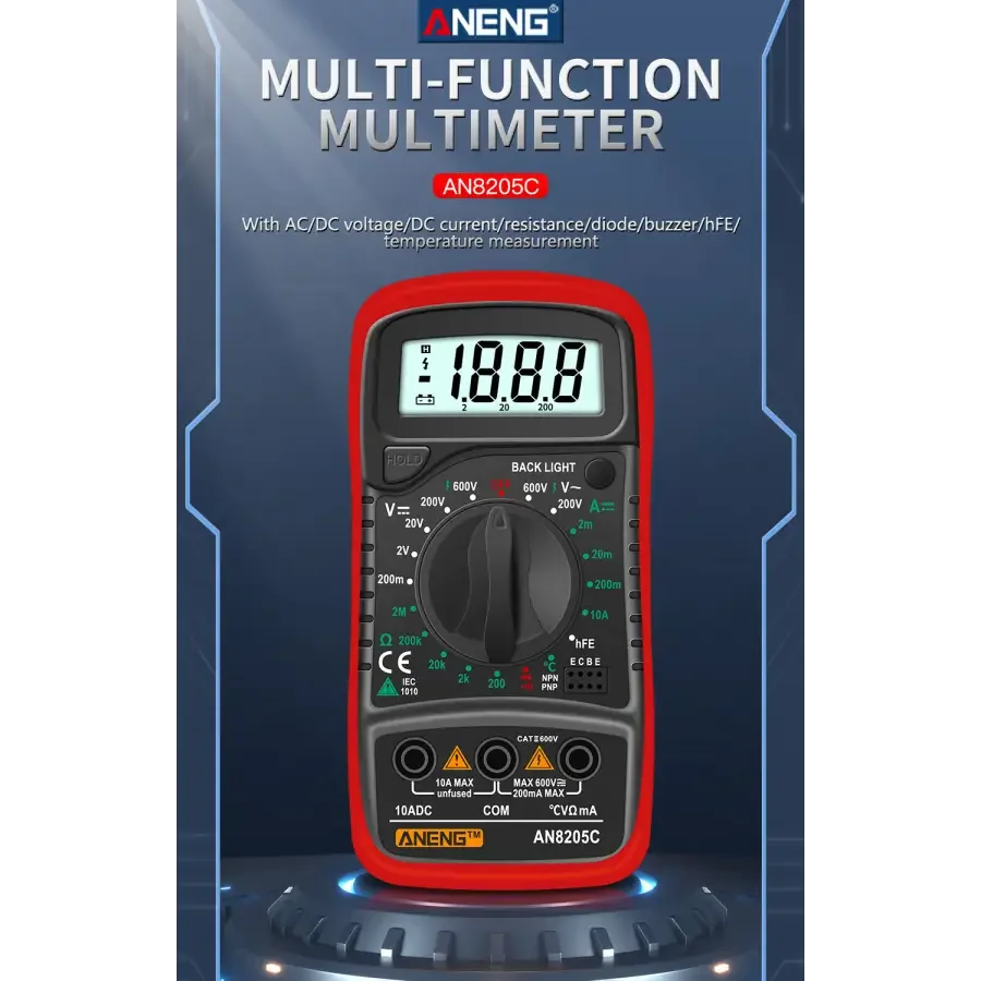 Red PHONEFIX AN8205C digital multimeter measuring AC/DC voltage and DC current with digital display and test probes.