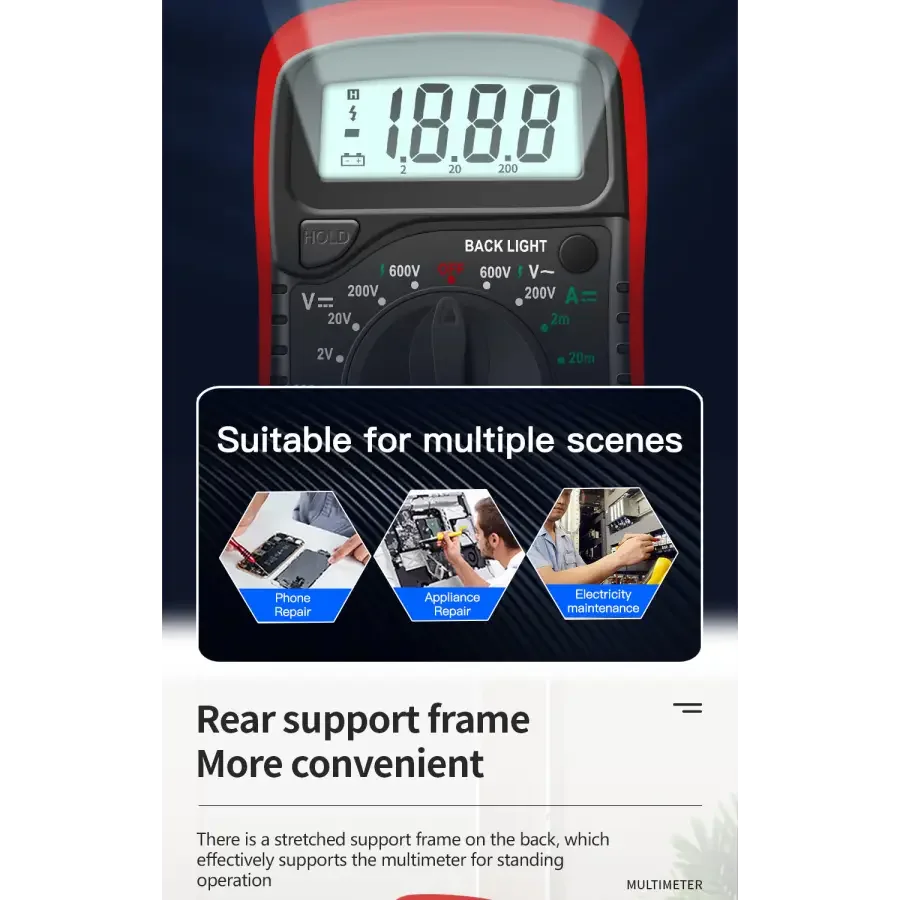 Red PHONEFIX AN8205C digital multimeter showing AC/DC voltage and DC current measurement on its display.