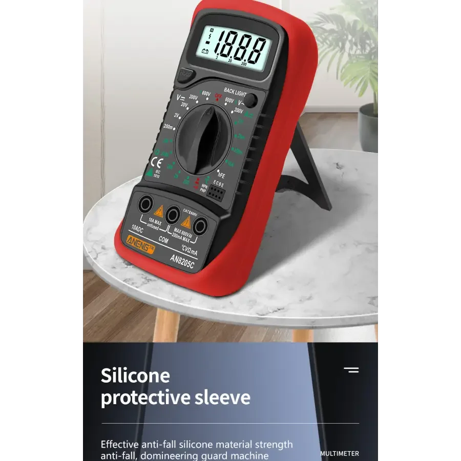 Red PHONEFIX AN8205C digital multimeter measuring AC/DC voltage and DC current, with digital display and test probes.