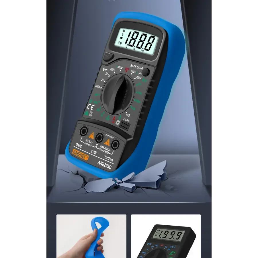PhoneFix AN8205C digital multimeter showing red display, used to measure AC/DC voltage and DC current with test probes.