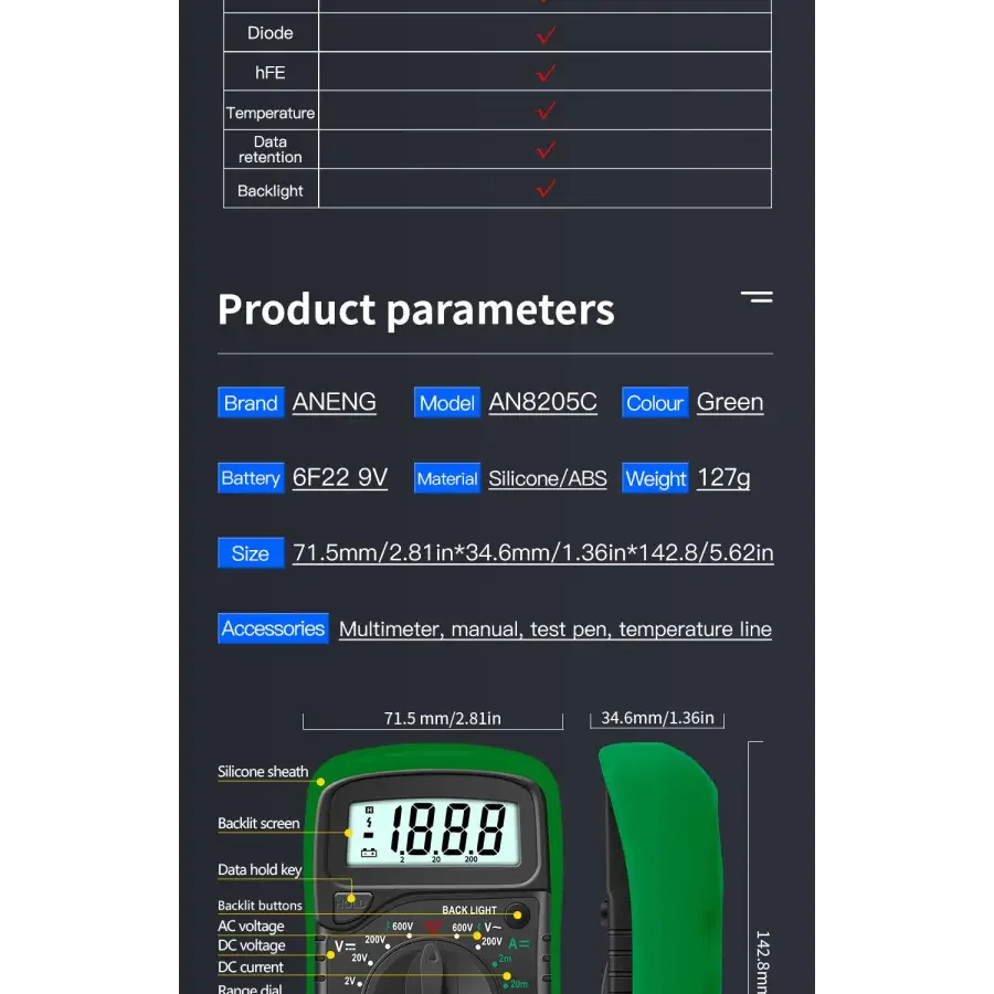 Red PHONEFIX AN8205C digital multimeter measuring AC/DC voltage and DC current, with display and test leads for electrical testing.