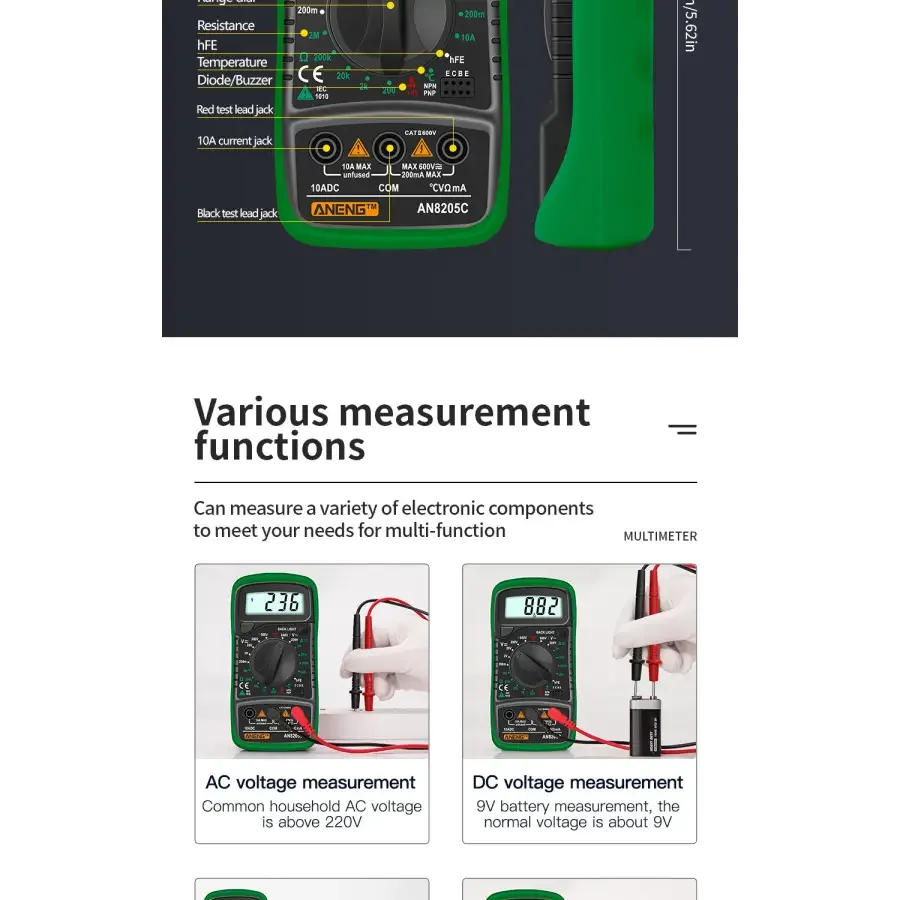 PHONEFIX AN8205C digital multimeter showing red display, testing AC/DC voltage and DC current with digital voltmeter and ammeter features.