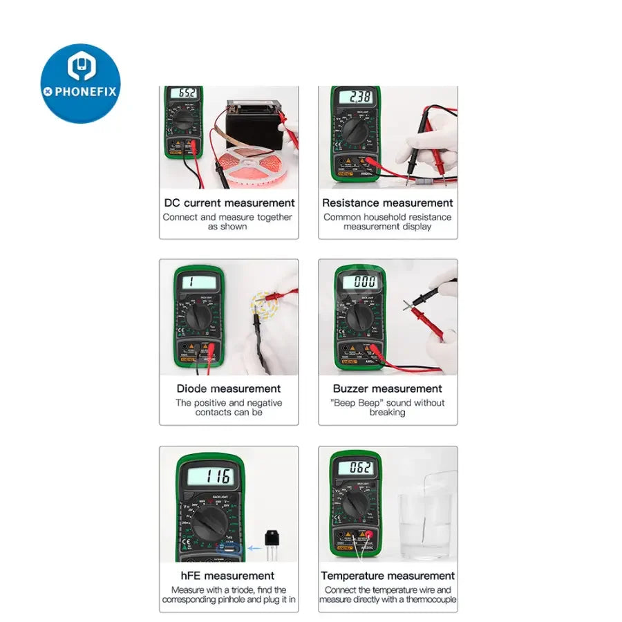 Red PHONEFIX digital multimeter AN8205C for measuring AC/DC voltage and DC current, with digital display and tester functions.