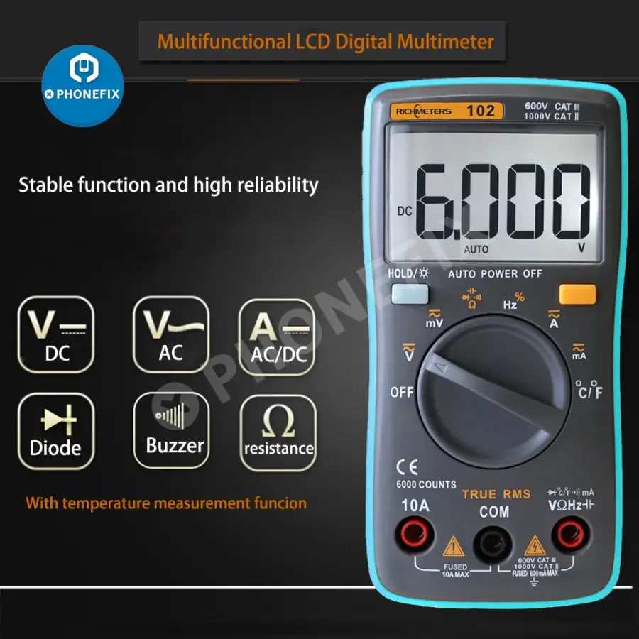 PhoneFix RICHMETERS 102 Pocket Digital Multimeter with AC/DC voltage testing and digital display for electronics troubleshooting.