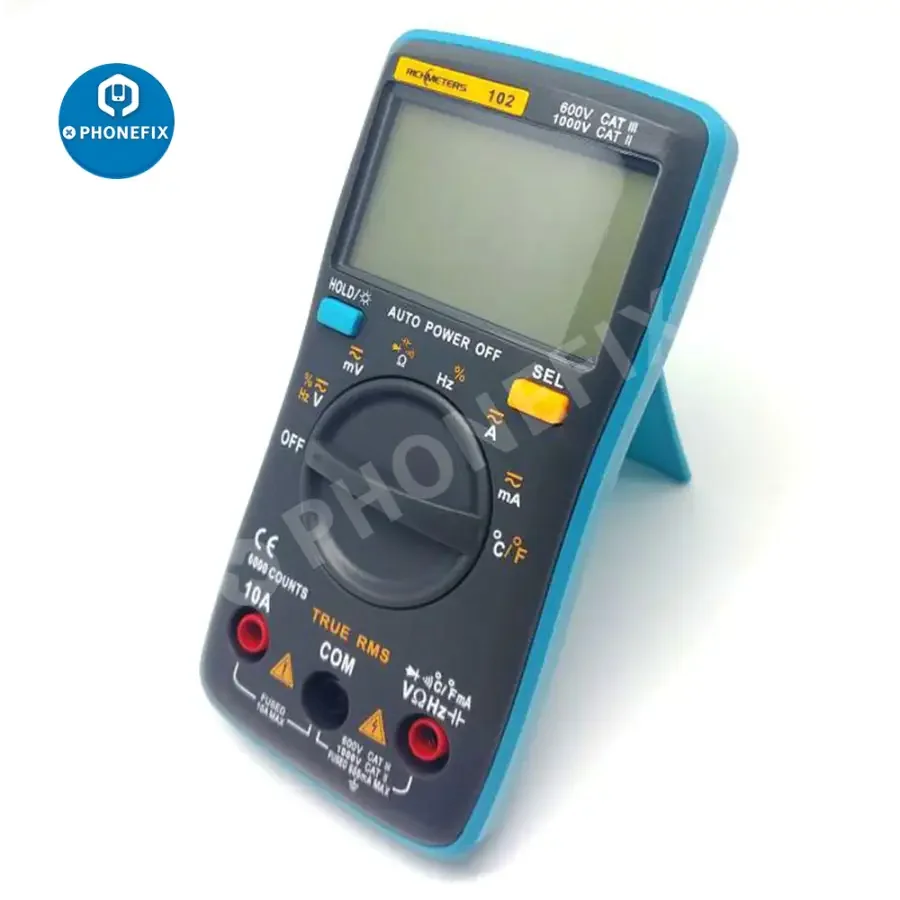 Richmeters 102 pocket digital multimeter by PHONEFIX, showing AC/DC voltage testing with a compact handheld design.