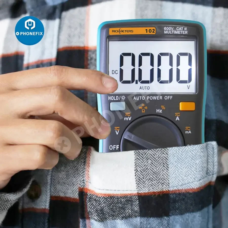 Phonefix RICHMETERS 102 Pocket Digital Multimeter with AC/DC voltage testing and digital display for electrical measurements.