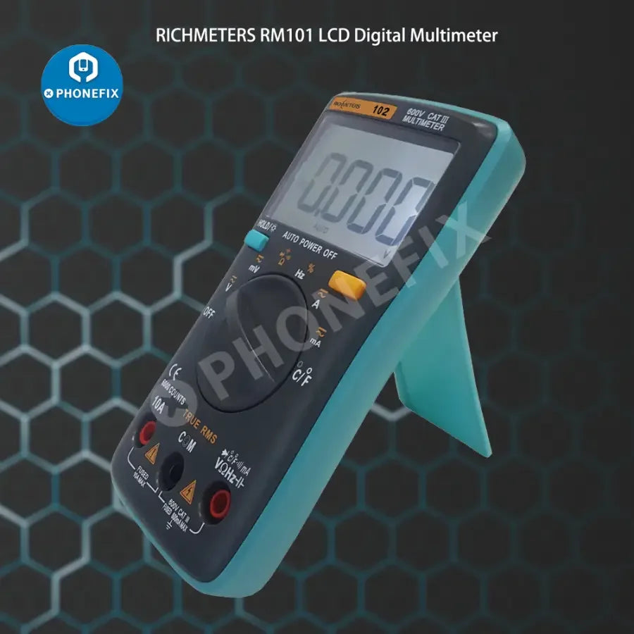 Richmeters 102 pocket digital multimeter by PHONEFIX, showing display with AC/DC voltage readings and measurement dial.