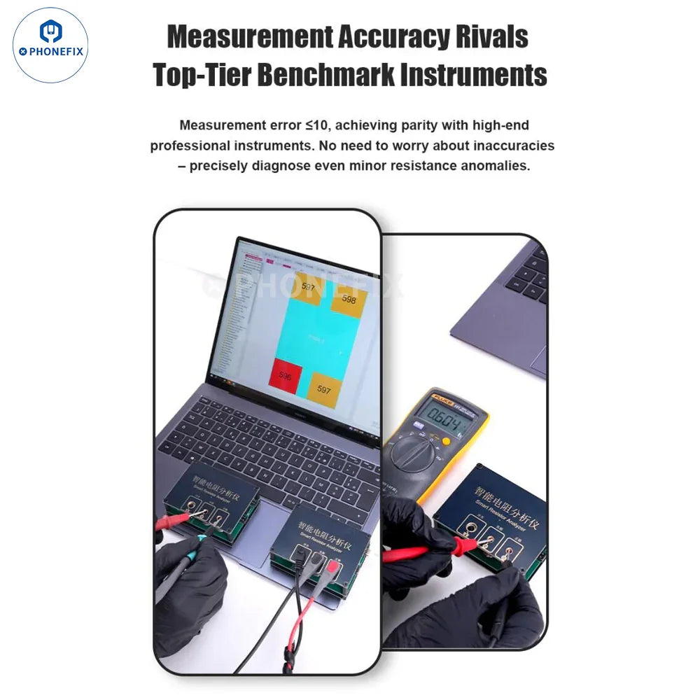 PhoneFix digital multimeter used to test resistance in phone PCB IC sockets for troubleshooting electronic circuits.