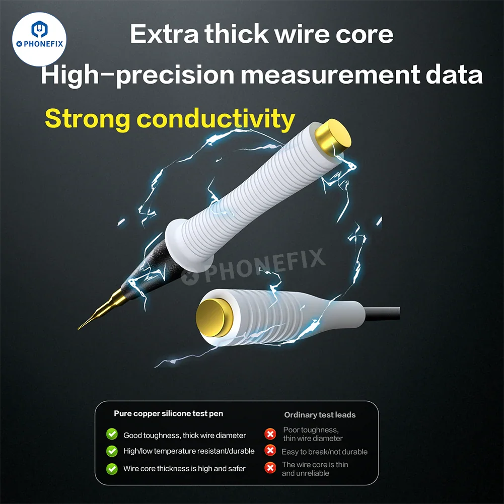 Stylo de test en silicone et cuivre pur i2C pour multimètre numérique avec pointe de sonde plaquée or, utilisé pour les tests et mesures électriques.
