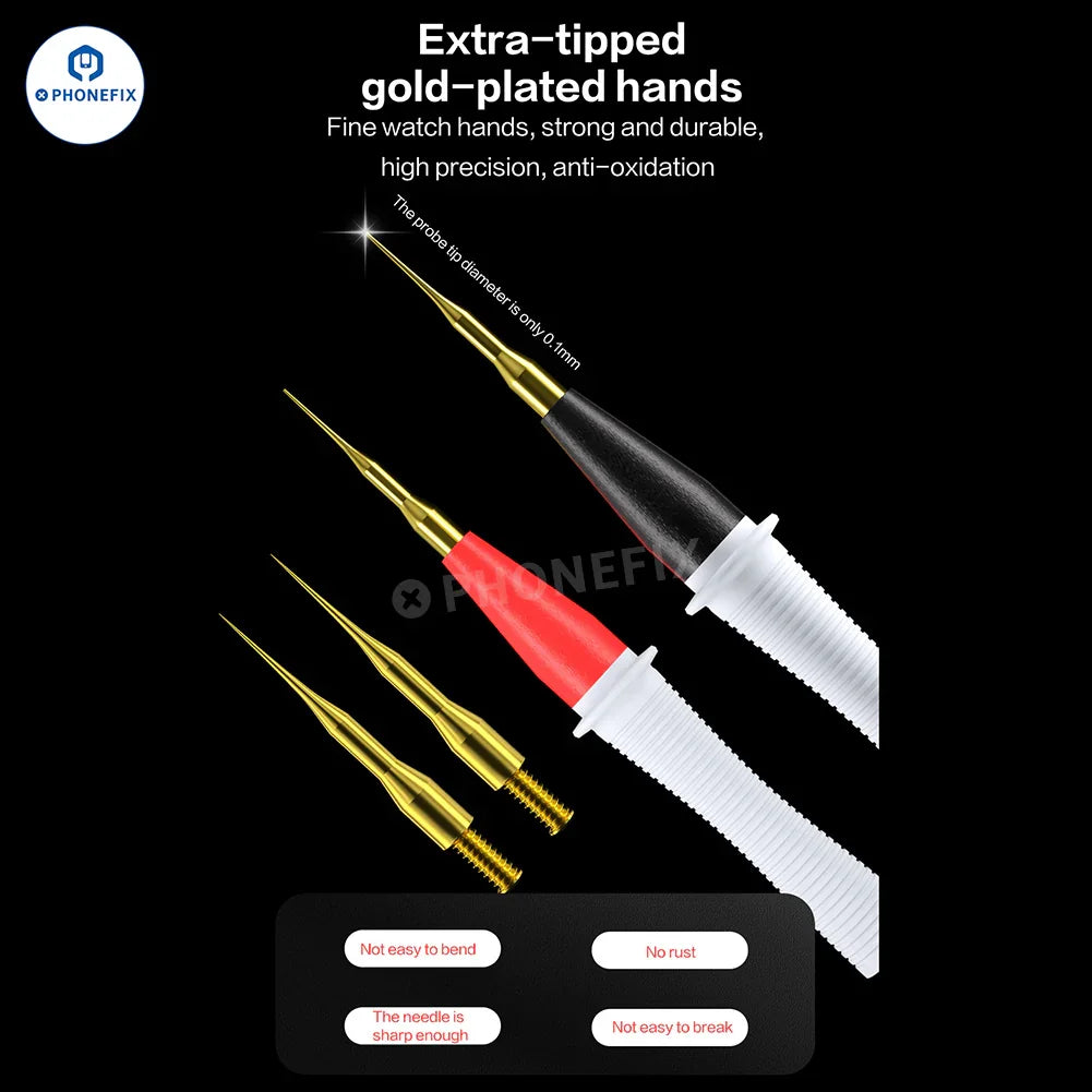 Multimètre numérique PHONEFIX avec pointes de sonde plaquées or et stylo de test en silicone, doté de connecteurs en cuivre pur pour des mesures précises.