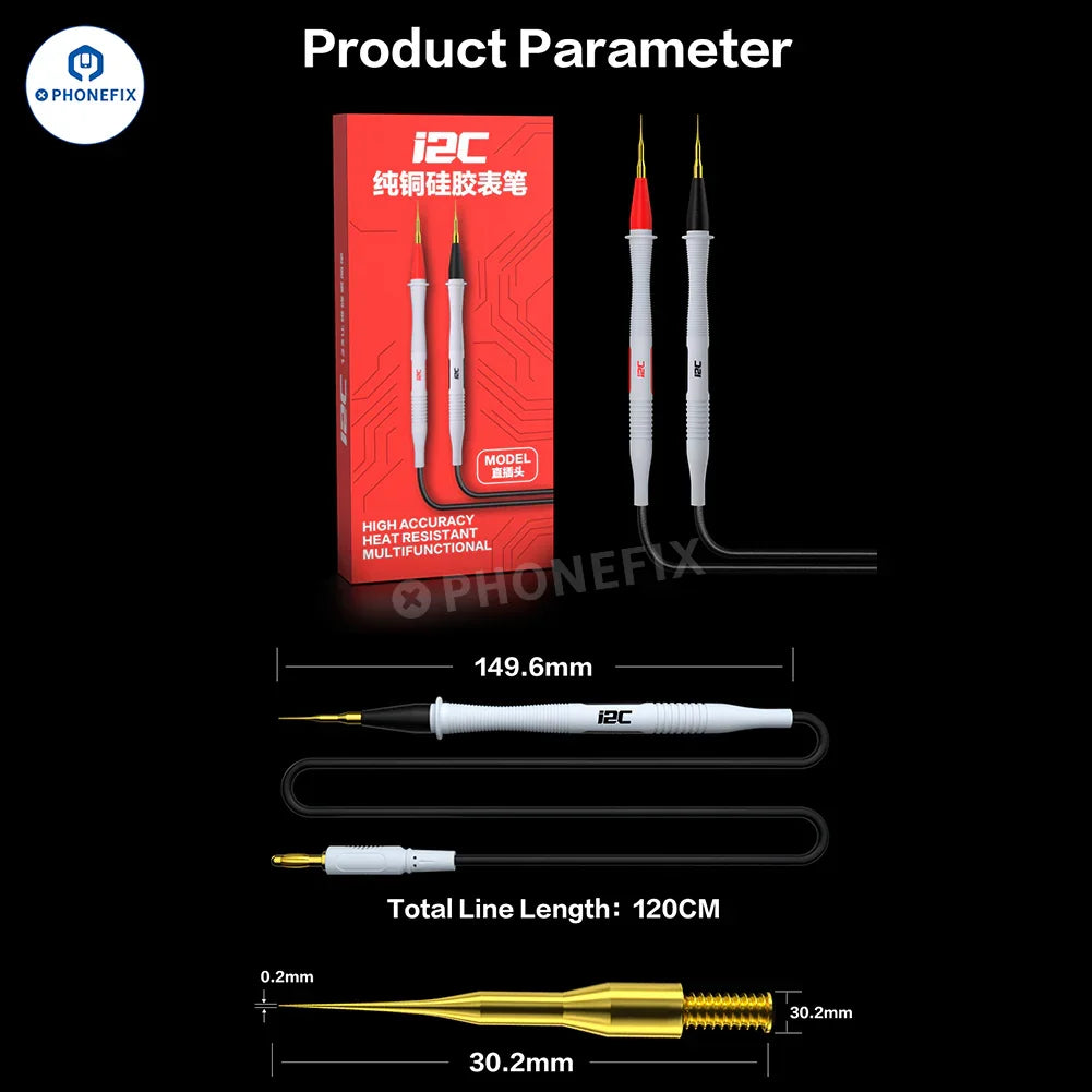 Stylo de test en silicone et cuivre pur i2C avec pointe de sonde plaquée or pour tests sur multimètre numérique par PHONEFIX, présentation du stylo de test et de la pointe de sonde