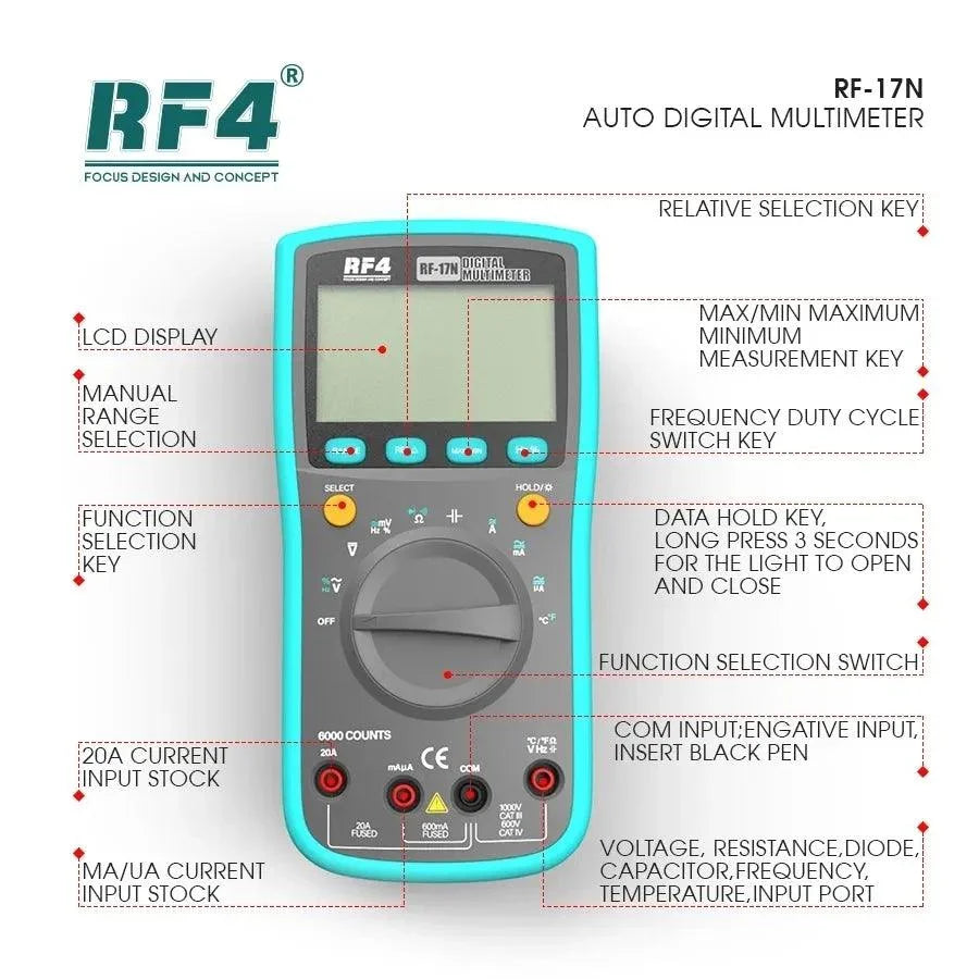 PhoneFix RF4 RF17N DT-17N digital multimeter showing digital display and measurement probes for high-precision testing.