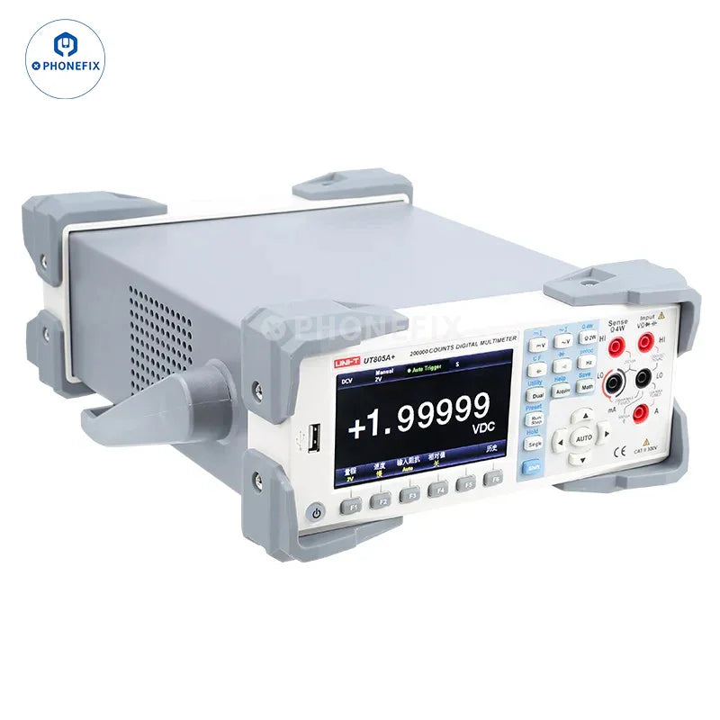 UNI-T UT805A+ True RMS digital multimeter with auto-range and dual display, used for precise electrical measurements.