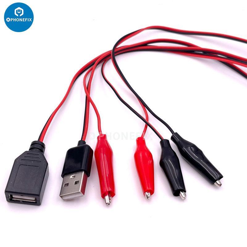Digital multimeter test leads with alligator clips and USB power detector, male and female cables for PHONEFIX device.