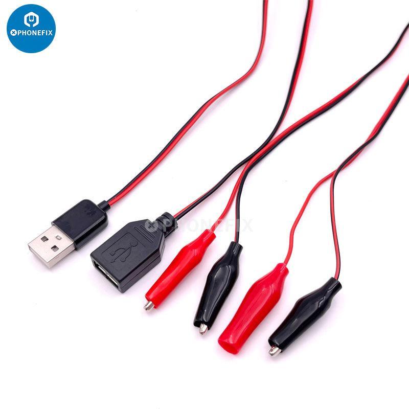 Digital multimeter USB test leads with alligator clips, male and female connectors, from PHONEFIX for power detection and testing.