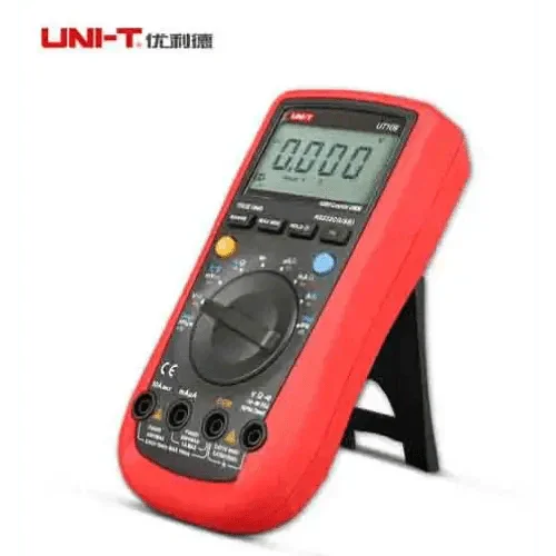 Hand-held PHONEFIX UT109 UT107 digital multimeter with display and test probes for multi-purpose electrical measurements.