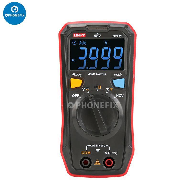 Phonefix UNI-T UT123D auto range digital multimeter displaying AC/DC voltage readings with test leads connected.