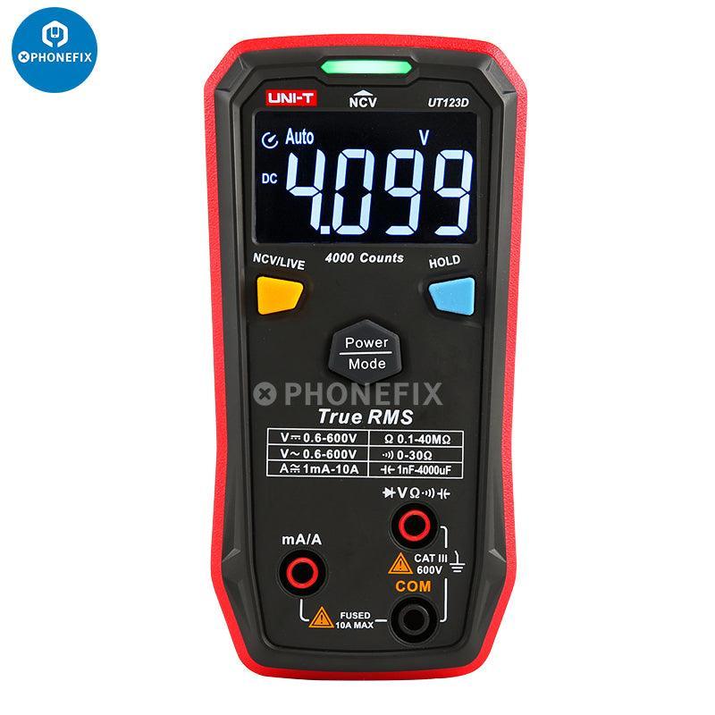 PhoneFix UNI-T UT123D auto-range digital multimeter measuring AC and DC voltage with display and test leads.