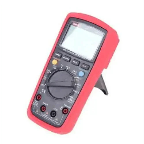 PHONEFIX UT139C True RMS digital multimeter for PCB fault testing, showing digital display and test probes in use.