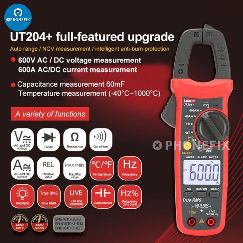 PhoneFix UT202/3/4A digital multimeter with clamp meter for measuring DC, AC voltage, current, and temperature in a compact design.