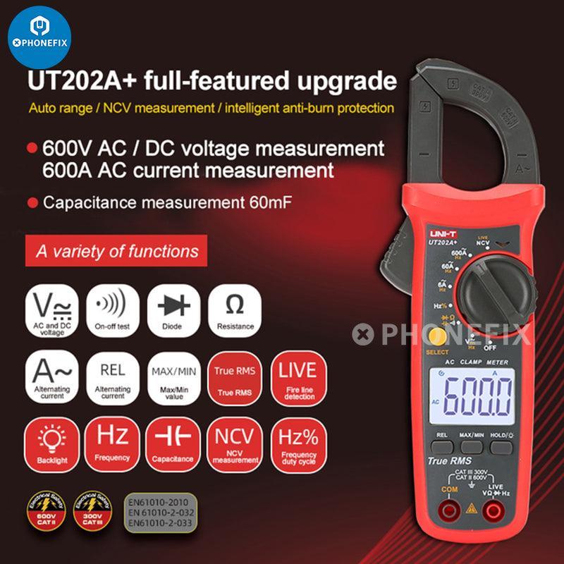 PHONEFIX UT202/3/4A digital multimeter with clamp, digital display, measures DC, AC voltage, current, and temperature.