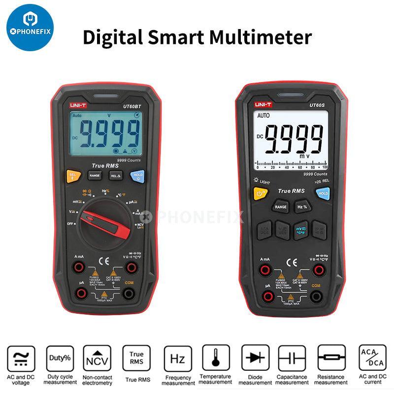 UNI-T UT60 series digital multimeter by PHONEFIX showing measurement dial, test leads, and digital display for AC/DC current and voltage.