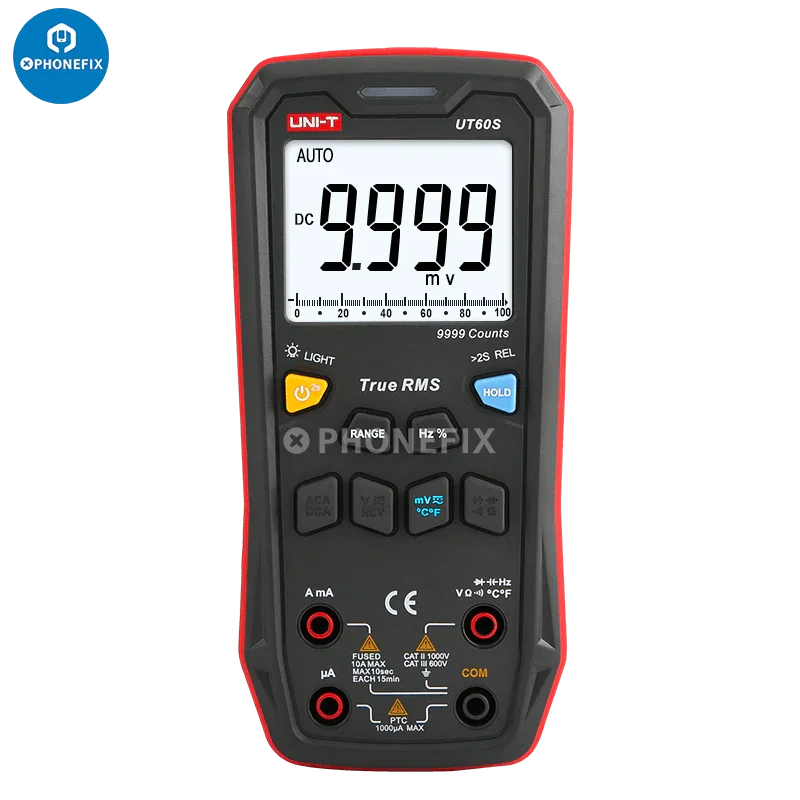 UNI-T UT60 Series digital multimeter by PHONEFIX showing LCD display with probes measuring AC/DC voltage and current.