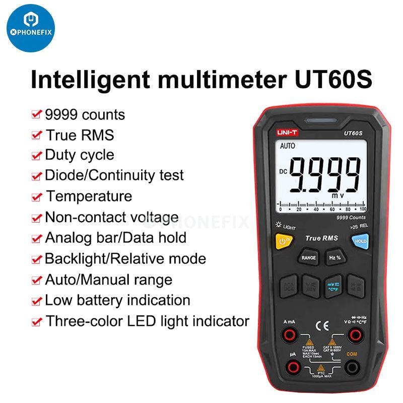Phonefix UNI-T UT60 Series digital multimeter measuring AC/DC voltage and current with display and test probes.