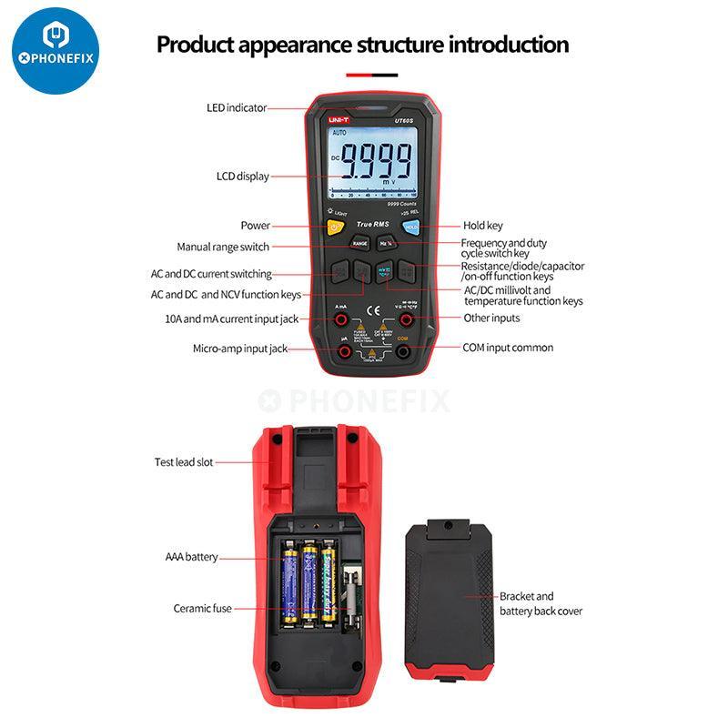 PHONEFIX UNI-T UT60 series digital multimeter displaying AC/DC voltage and current readings with black and red test leads.